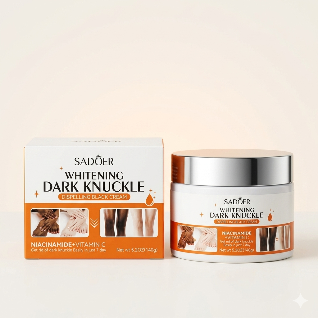 A 140g jar and display box of SADOER Whitening Dark Knuckle cream, featuring before-and-after comparison photos of skin and highlighting the inclusion of Niacinamide and Vitamin C.