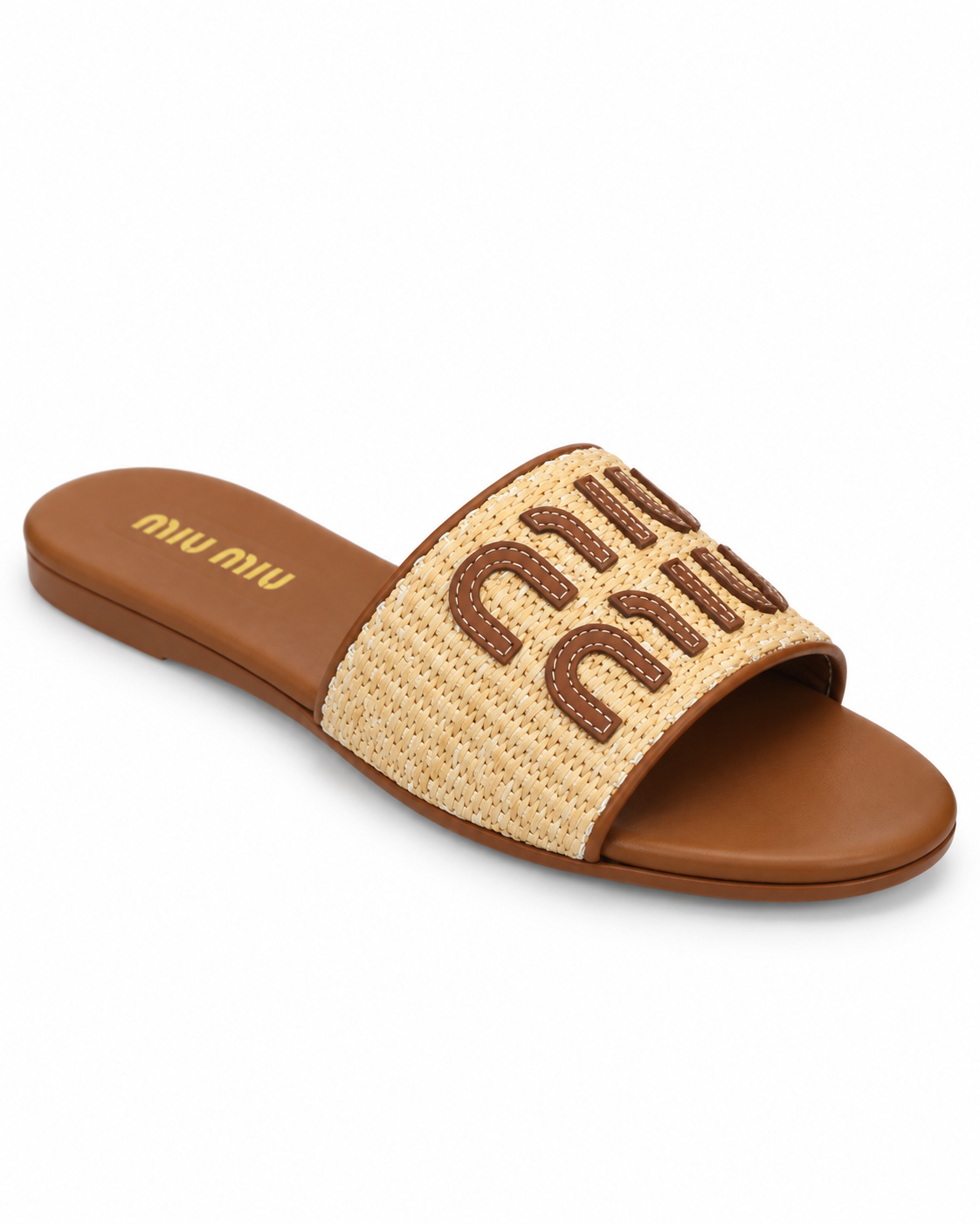Tan Woven Raffia Flat Slide Sandal with Brown Appliqué Detail size (40)
