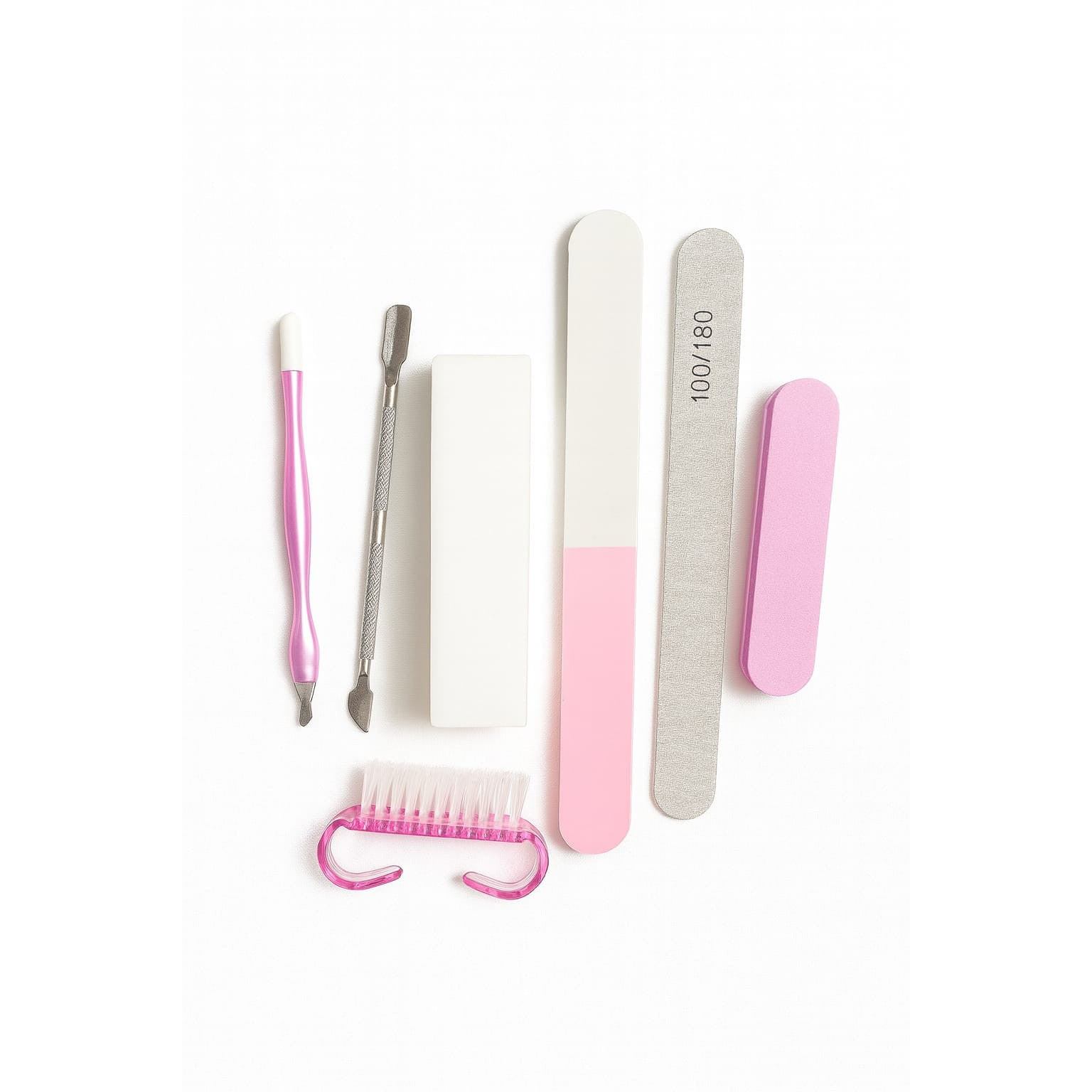 Manicure & Pedicure Nail Care Tools Set (100/180 Nail File + Buffer Block + Cuticle Pusher + Nail Brush)